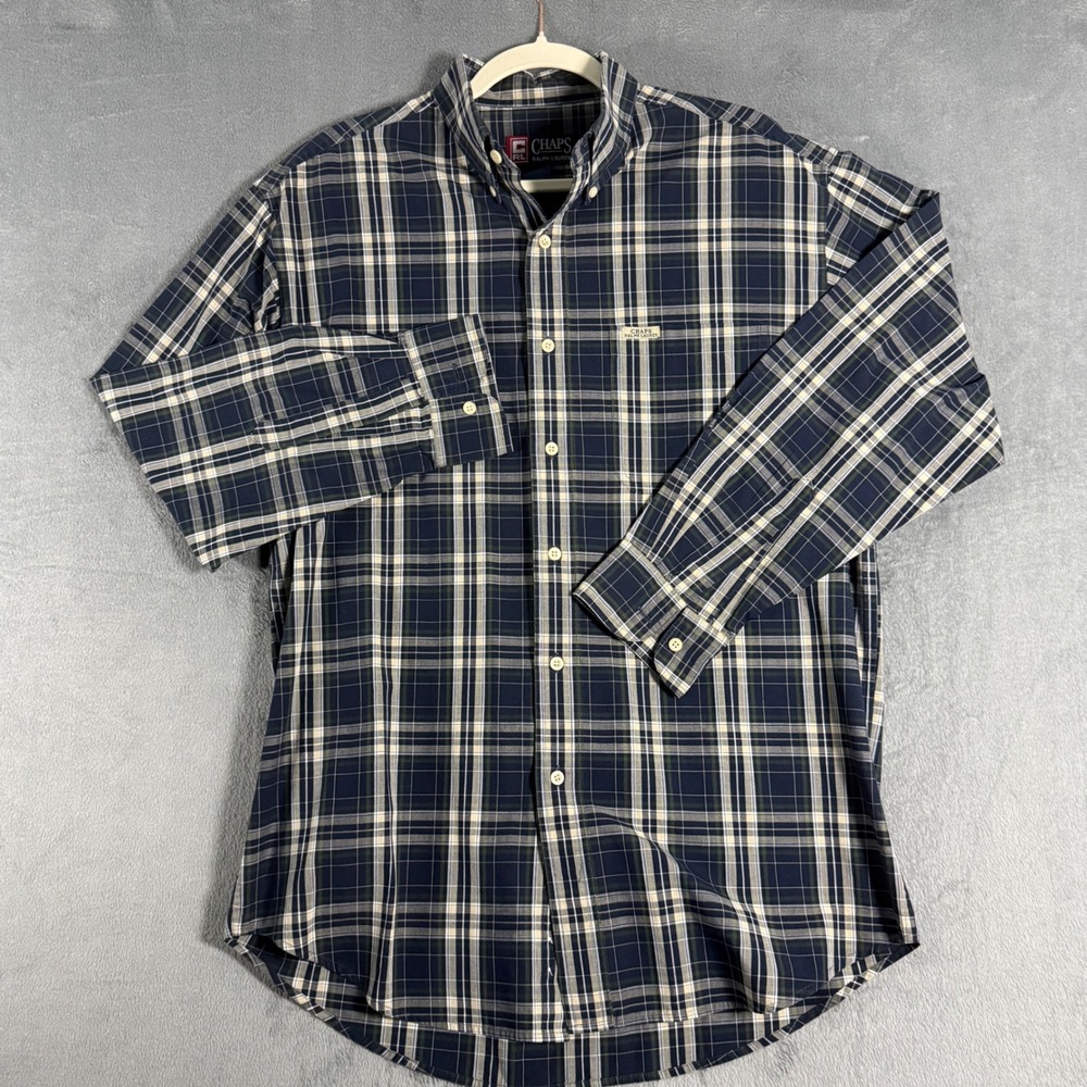 Vintage Chaps Ralph Lauren Plaid Button Down Shirt‎ Mens Medium Navy Green